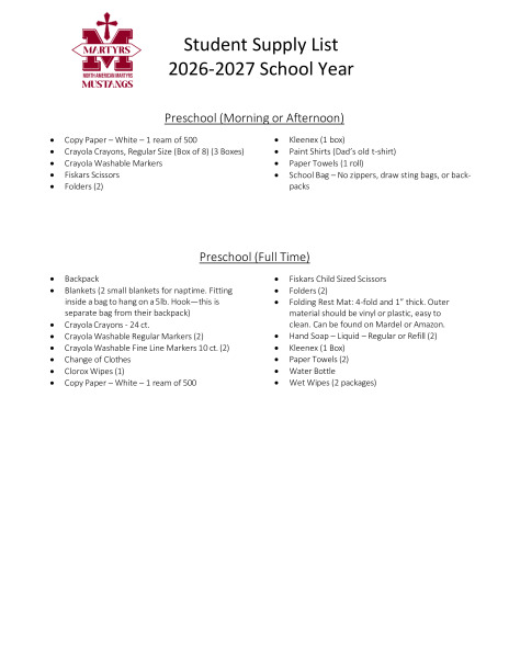 2026-2027 School Supply List